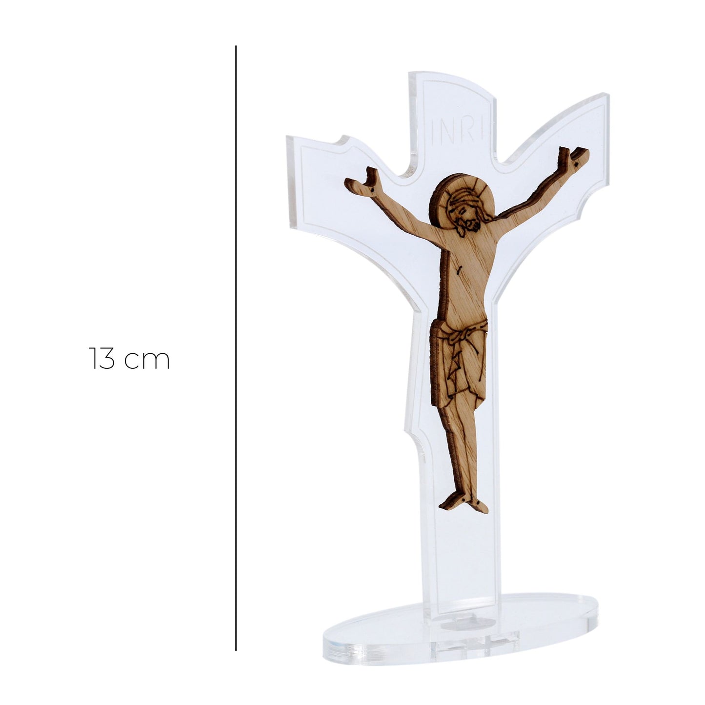 Crocifisso in plexiglass con base e  corpo in legno. Altezza 13 cm