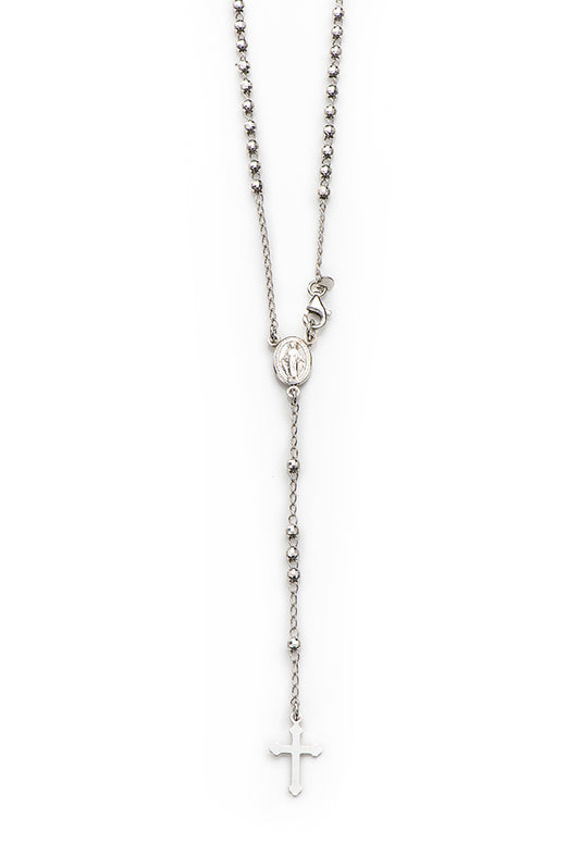 Collana Rosario con grani sfaccettati in argento 925 rodiato Lunghezza 67 cm