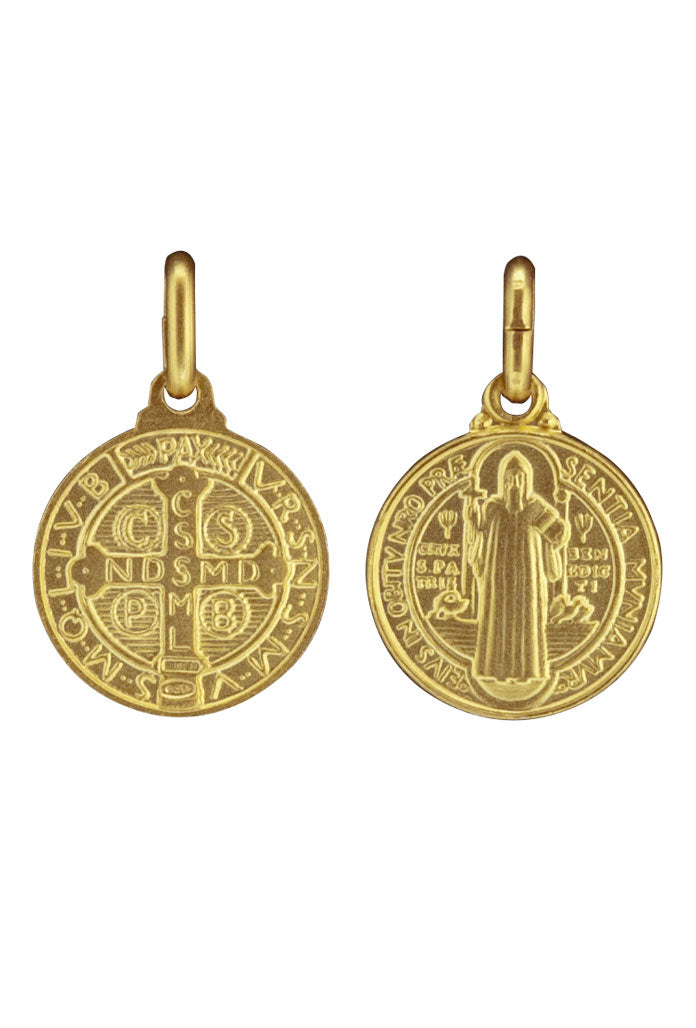 Medaglia San Benedetto in argento 925 bagnata oro. Diametro 1 cm