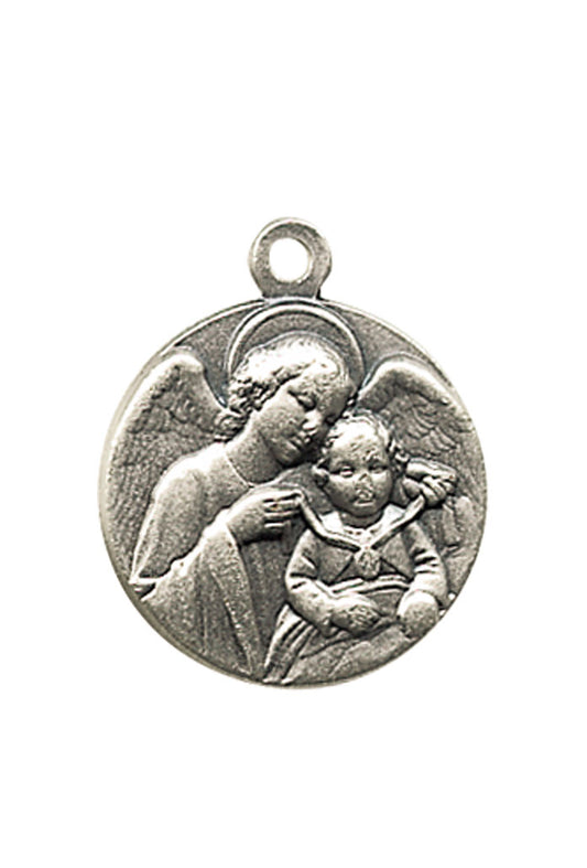 Medaglia Angelo custode in ottone argentato. Diametro 1,8 cm