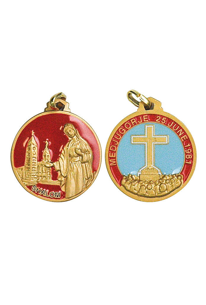 Medaglia Medjugorje in ottone dorata, smaltata. Diametro 1,9 cm