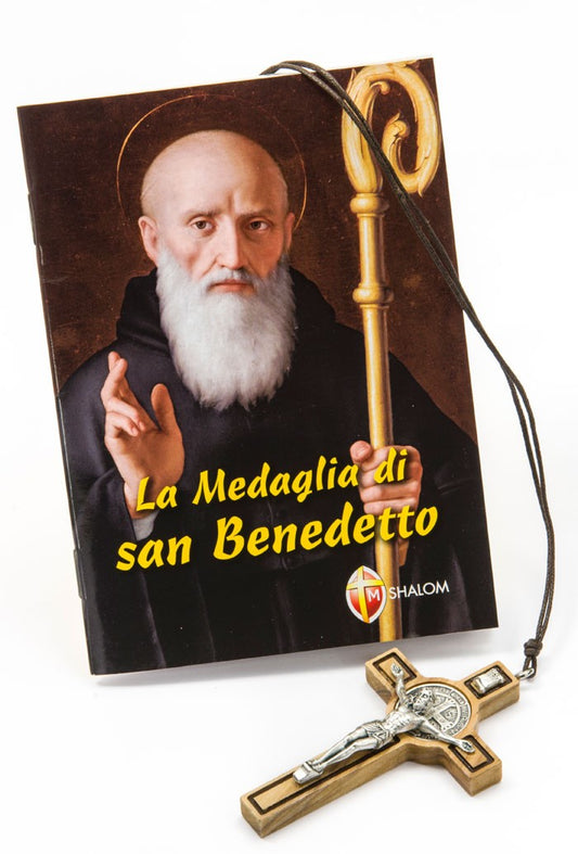 Confezione libro "La medaglia di San Benedetto" e Croce San Benedetto in olivo