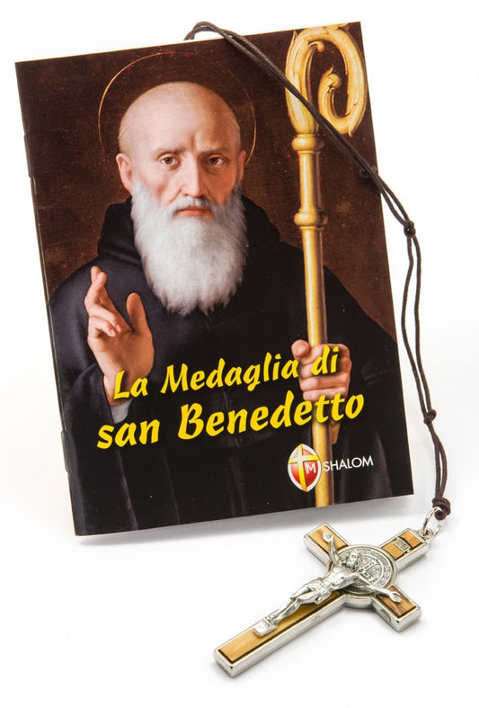 Confezione libro "La medaglia di San Benedetto" e Croce San Benedetto intarsio legno