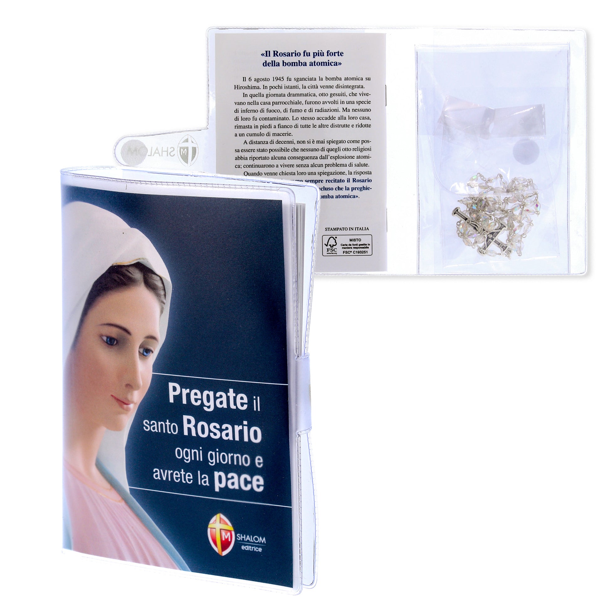 Confezione libro "Pregate il Santo Rosario ogni giorno e avrete la Pace" e Corona del Rosario con grani in vetro bianco