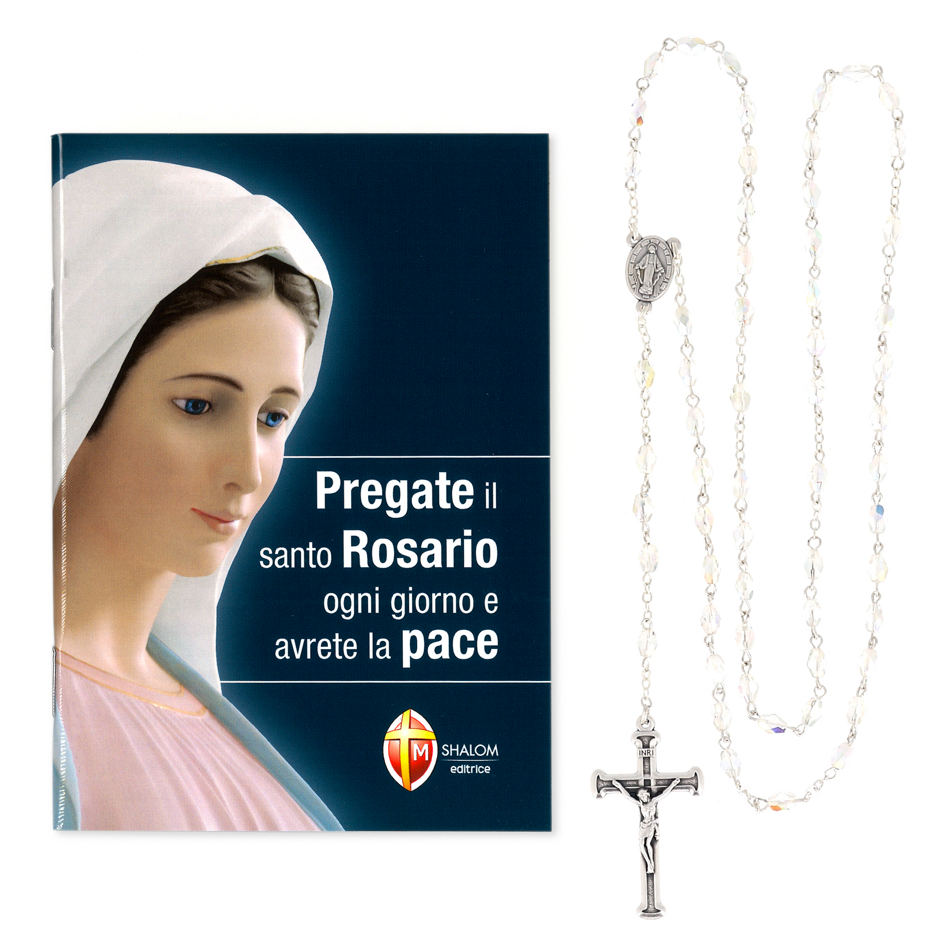 Confezione libro "Pregate il Santo Rosario ogni giorno e avrete la Pace" e Corona del Rosario con grani in vetro bianco