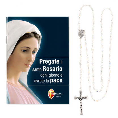 Confezione libro "Pregate il Santo Rosario ogni giorno e avrete la Pace" e Corona del Rosario con grani in vetro bianco