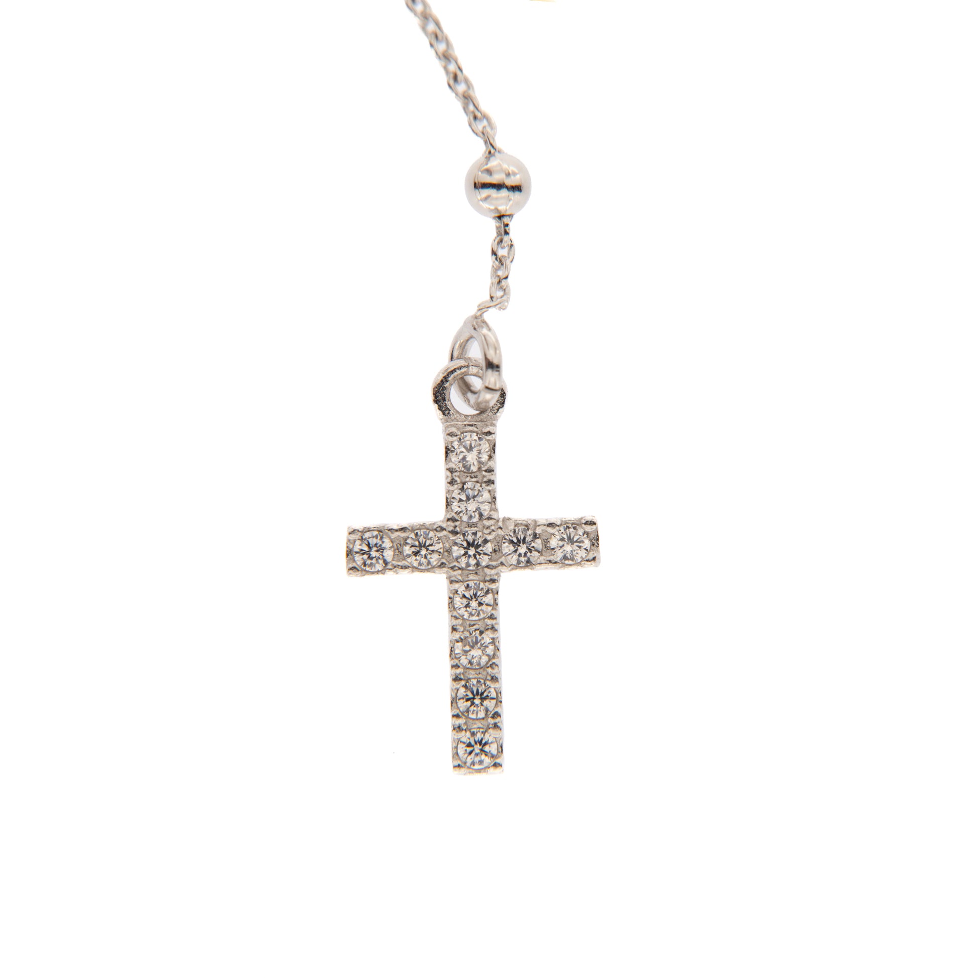 Collana Rosario croce con zirconi in argento 925 rodiato. Lunghezza 31,5 cm