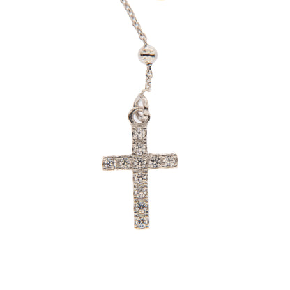 Collana Rosario croce con zirconi in argento 925 rodiato. Lunghezza 31,5 cm