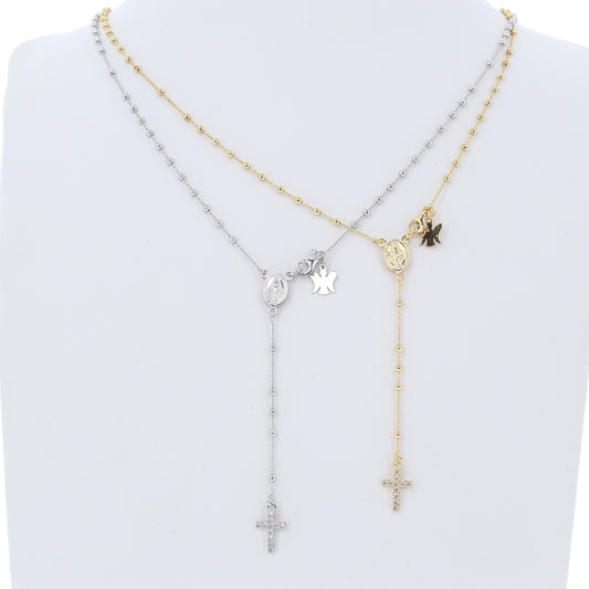 Collana Rosario croce con zirconi in argento 925 rodiato. Lunghezza 31,5 cm