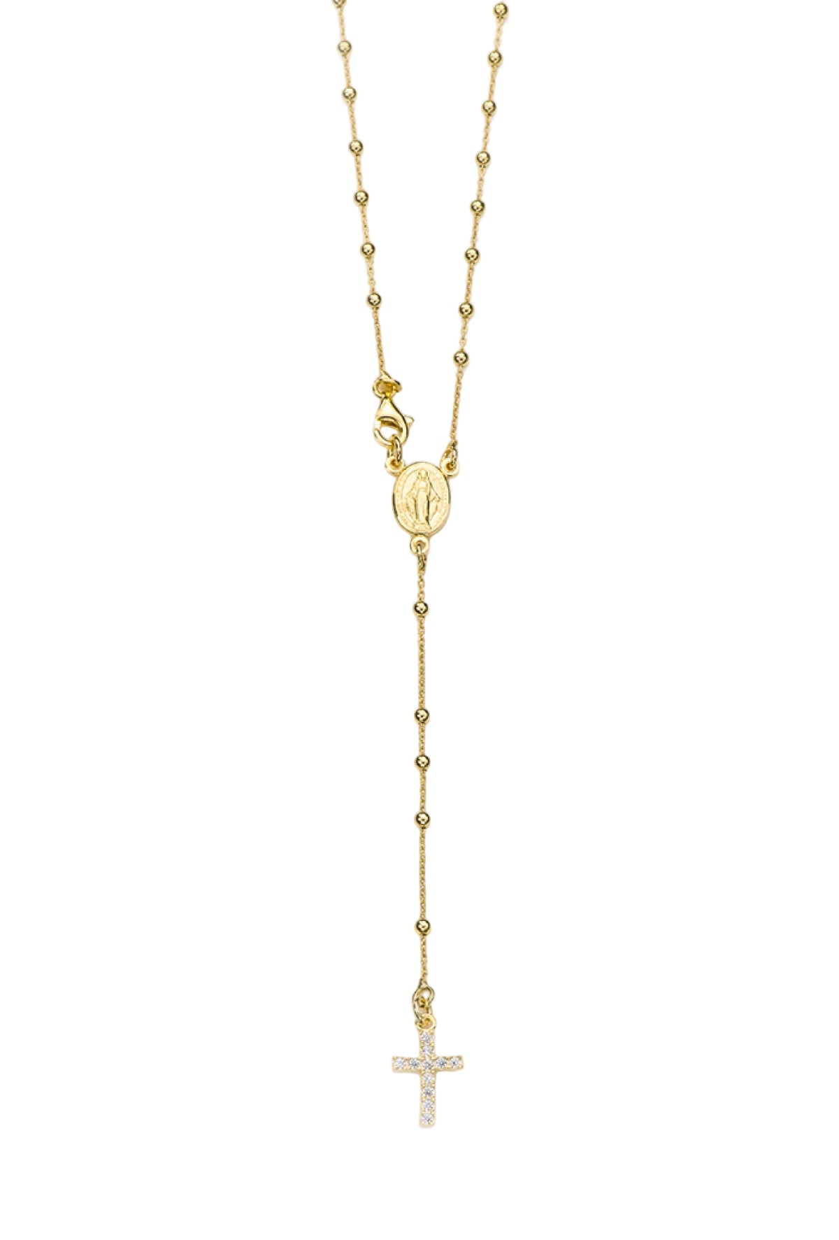 Collana Rosario croce con zirconi in argento 925 rodiato. Lunghezza 31,5 cm