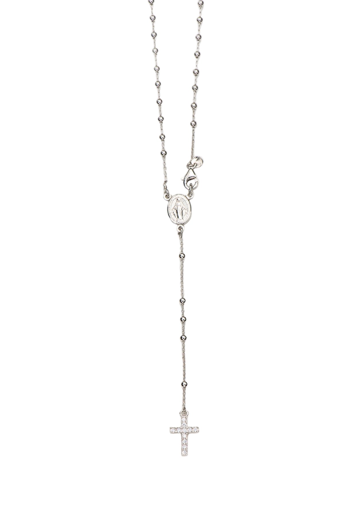 Collana Rosario croce con zirconi in argento 925 rodiato. Lunghezza 31,5 cm