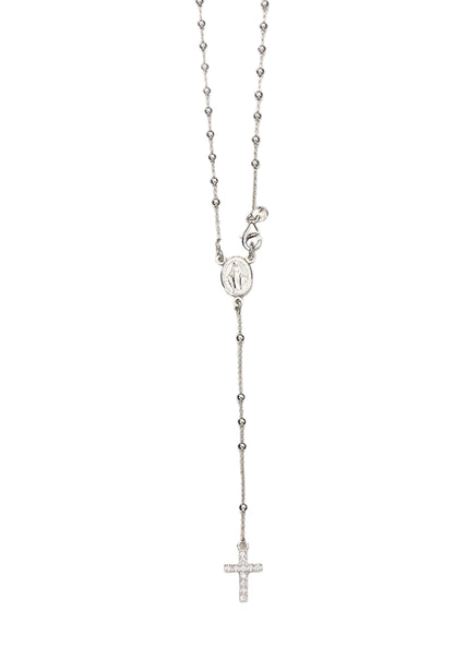 Collana Rosario croce con zirconi in argento 925 rodiato. Lunghezza 31,5 cm