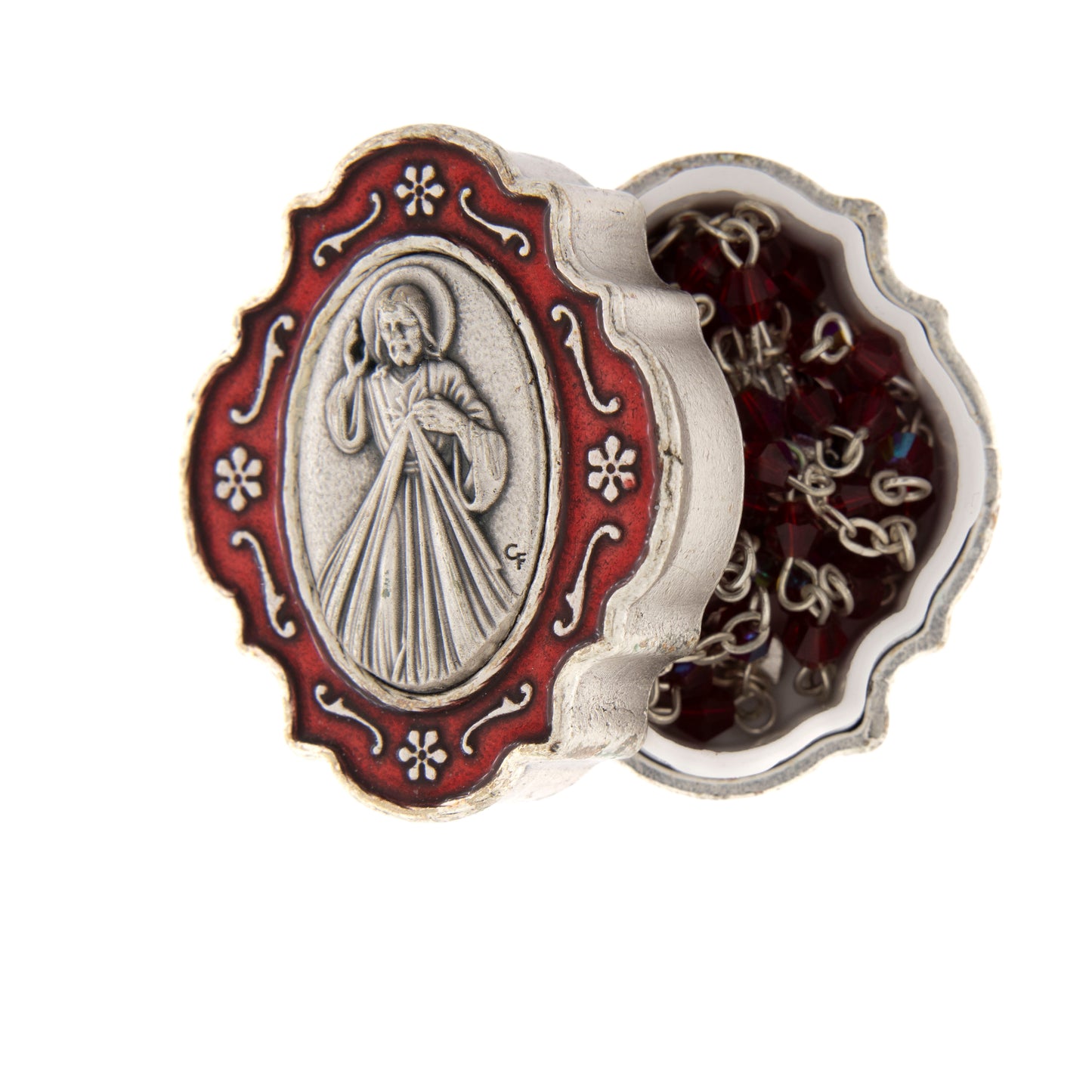 Corona con grani in similcristallo e scatolina, Gesù Misericordioso
