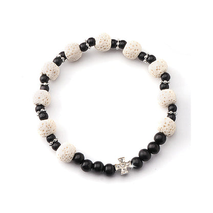 Bracciale elastico, grani in legno e pietra vulcanica 8 mm