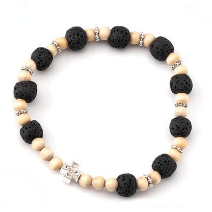 Bracciale elastico, grani in legno e pietra vulcanica 8 mm