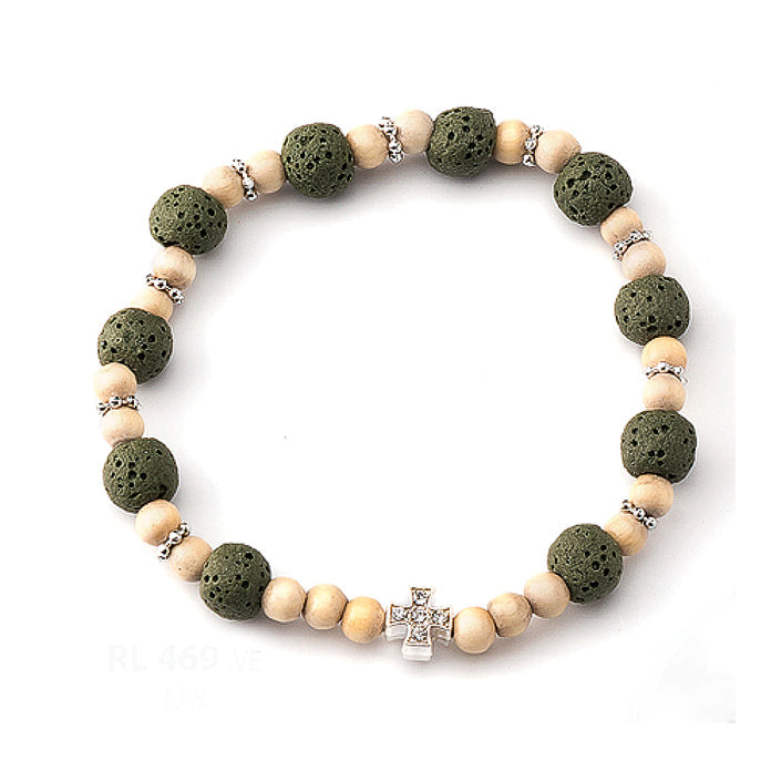 Bracciale elastico, grani in legno e pietra vulcanica 8 mm
