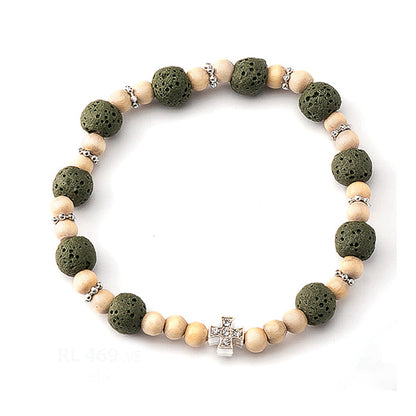Bracciale elastico, grani in legno e pietra vulcanica 8 mm
