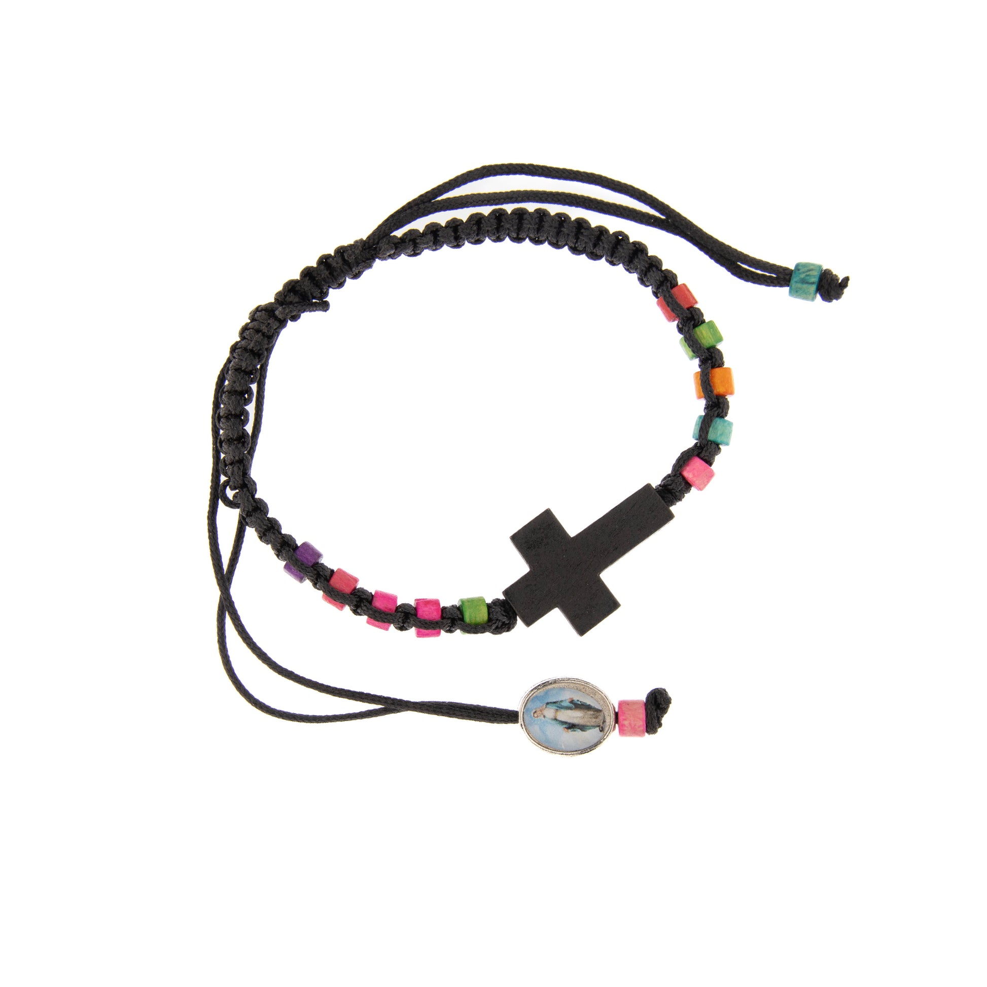 Bracciale in corda, grani e croce in legno colorato