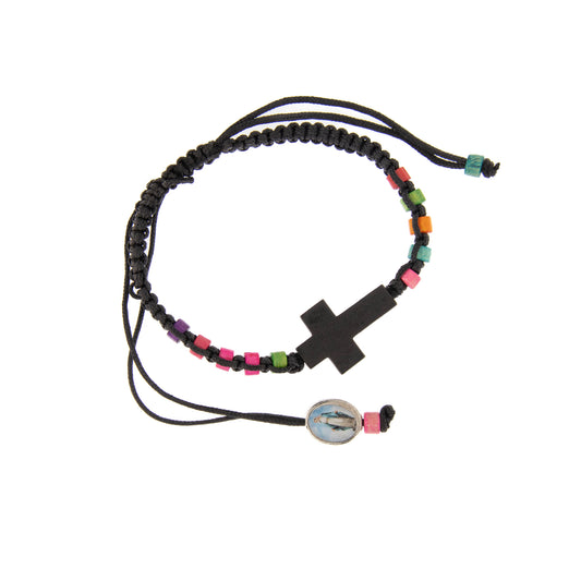 Bracciale in corda, grani e croce in legno colorato