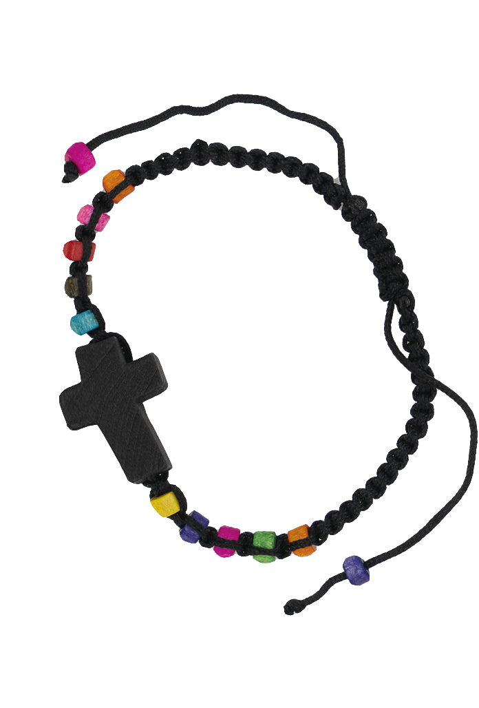 Bracciale in corda, grani e croce in legno colorato