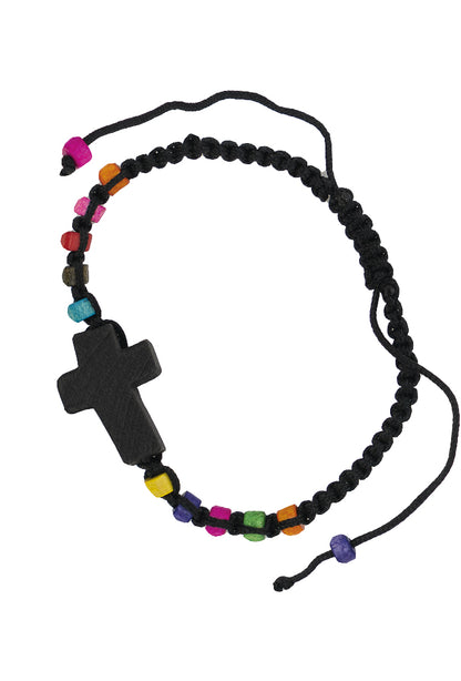 Bracciale in corda, grani e croce in legno colorato