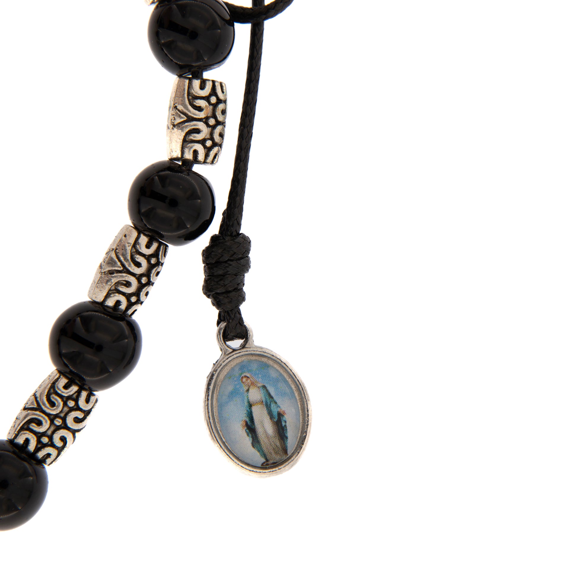 Bracciale in corda con grani in vetro nero e metallo