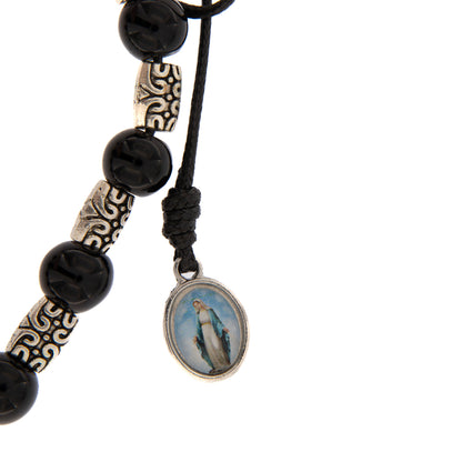 Bracciale in corda con grani in vetro nero e metallo