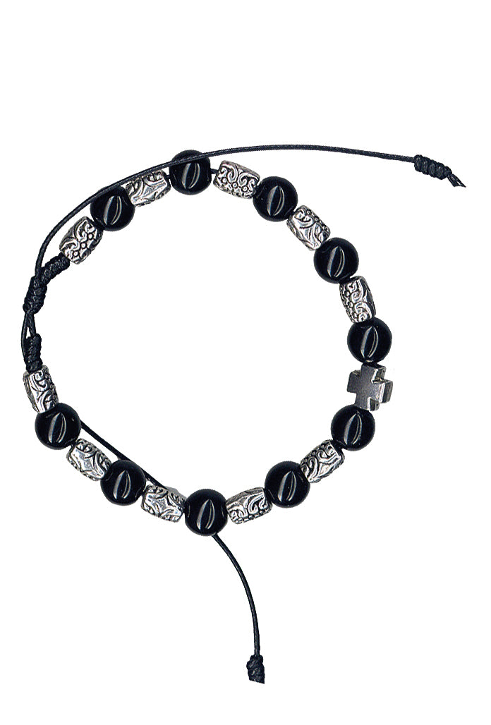 Bracciale in corda con grani in vetro nero e metallo