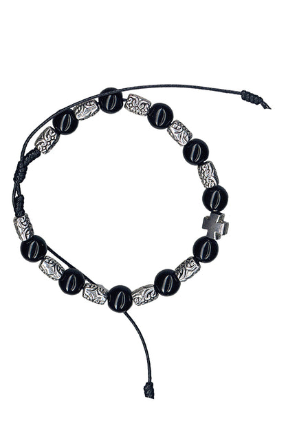 Bracciale in corda con grani in vetro nero e metallo