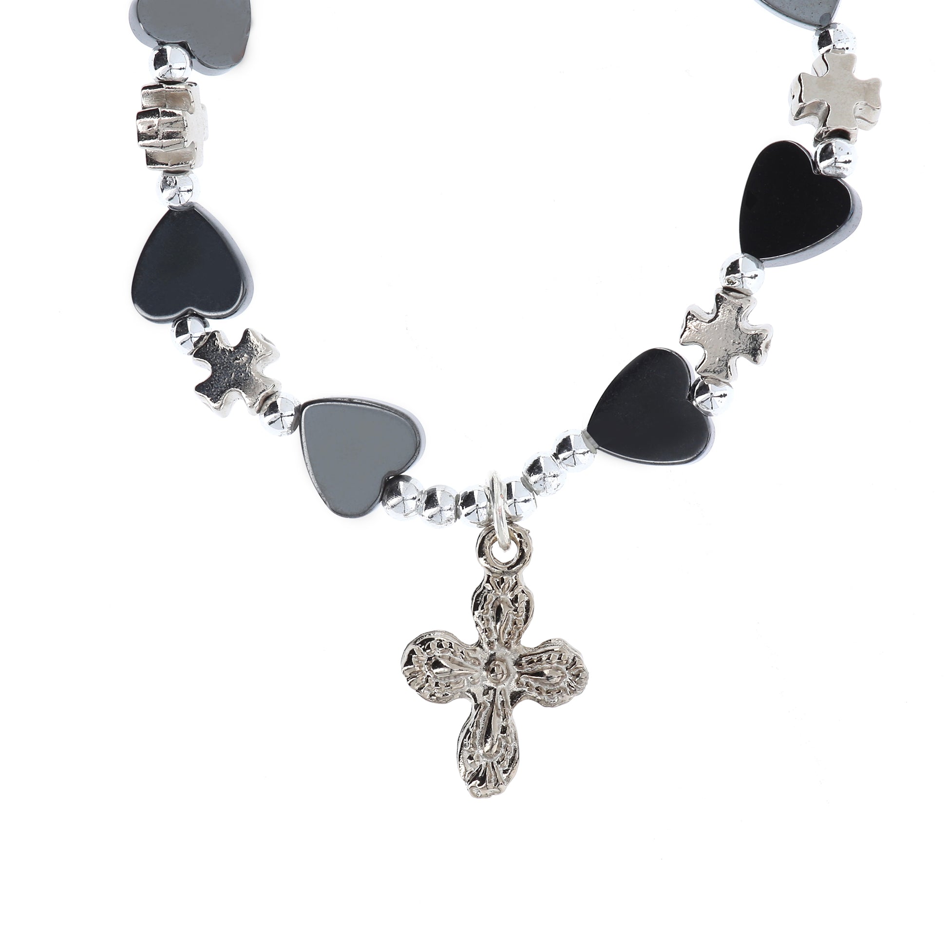Bracciale elastico cuoricini in Ematite e crocette in metallo