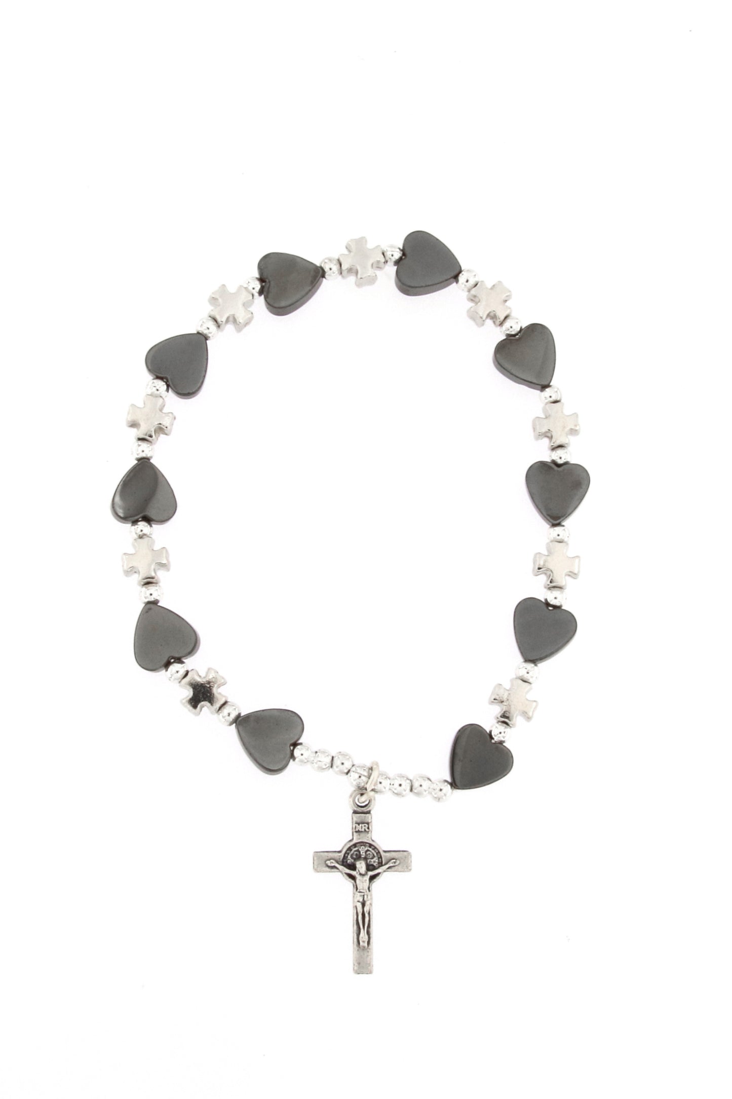 Bracciale elastico cuoricini in Ematite e crocette in metallo