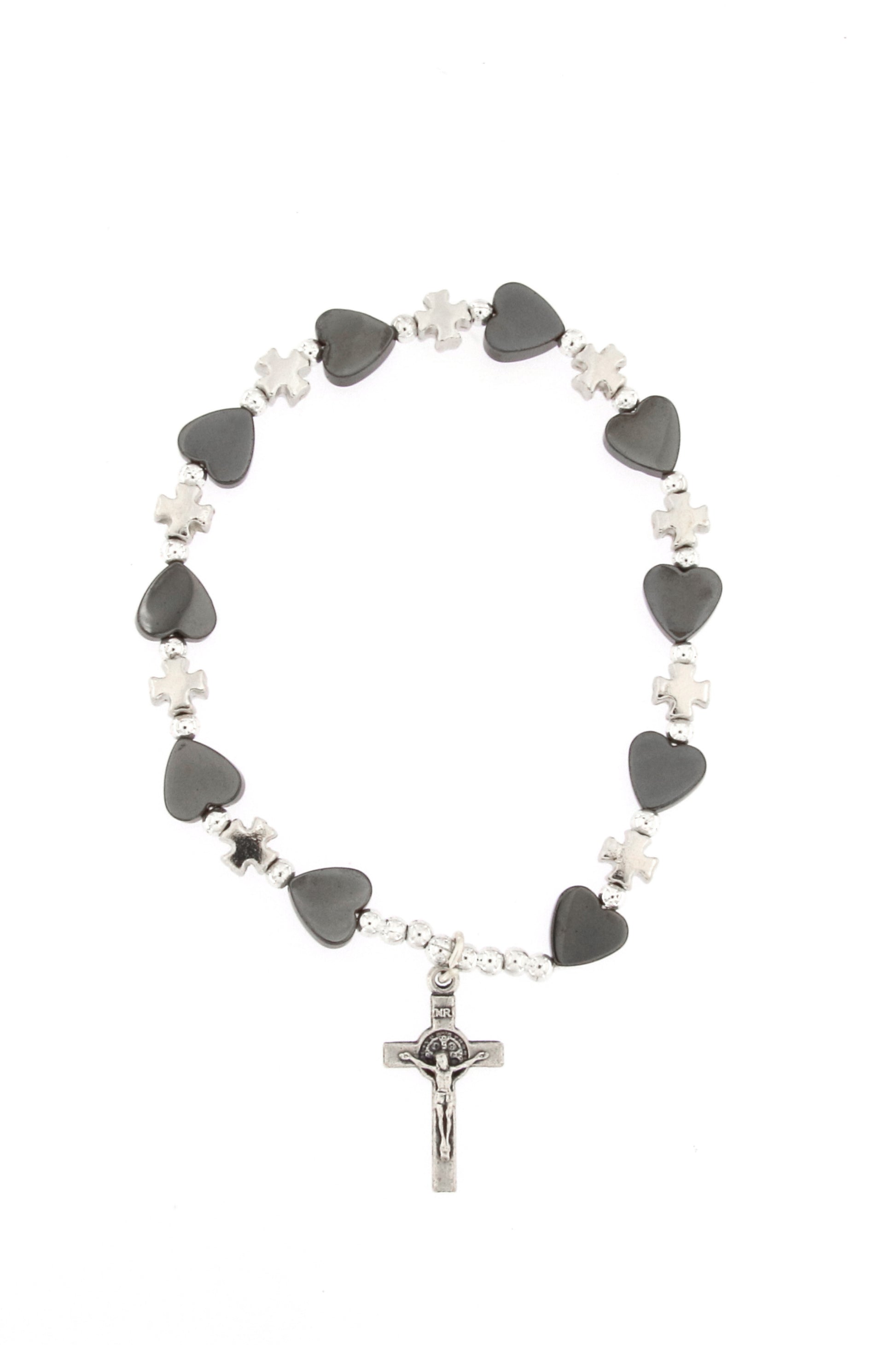 Bracciale elastico cuoricini in Ematite e crocette in metallo