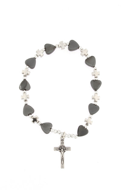 Bracciale elastico cuoricini in Ematite e crocette in metallo