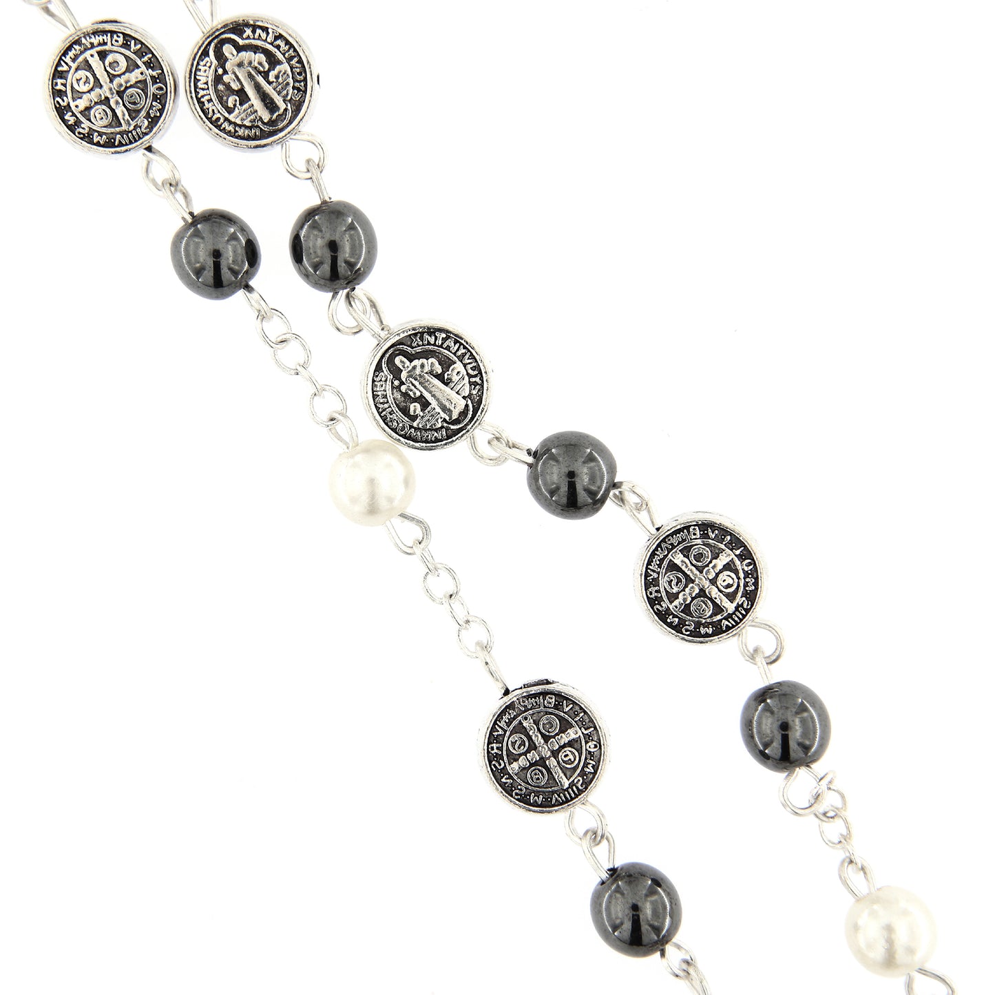 Corona san Benedetto con grani in ematite 6 mm e medaglie