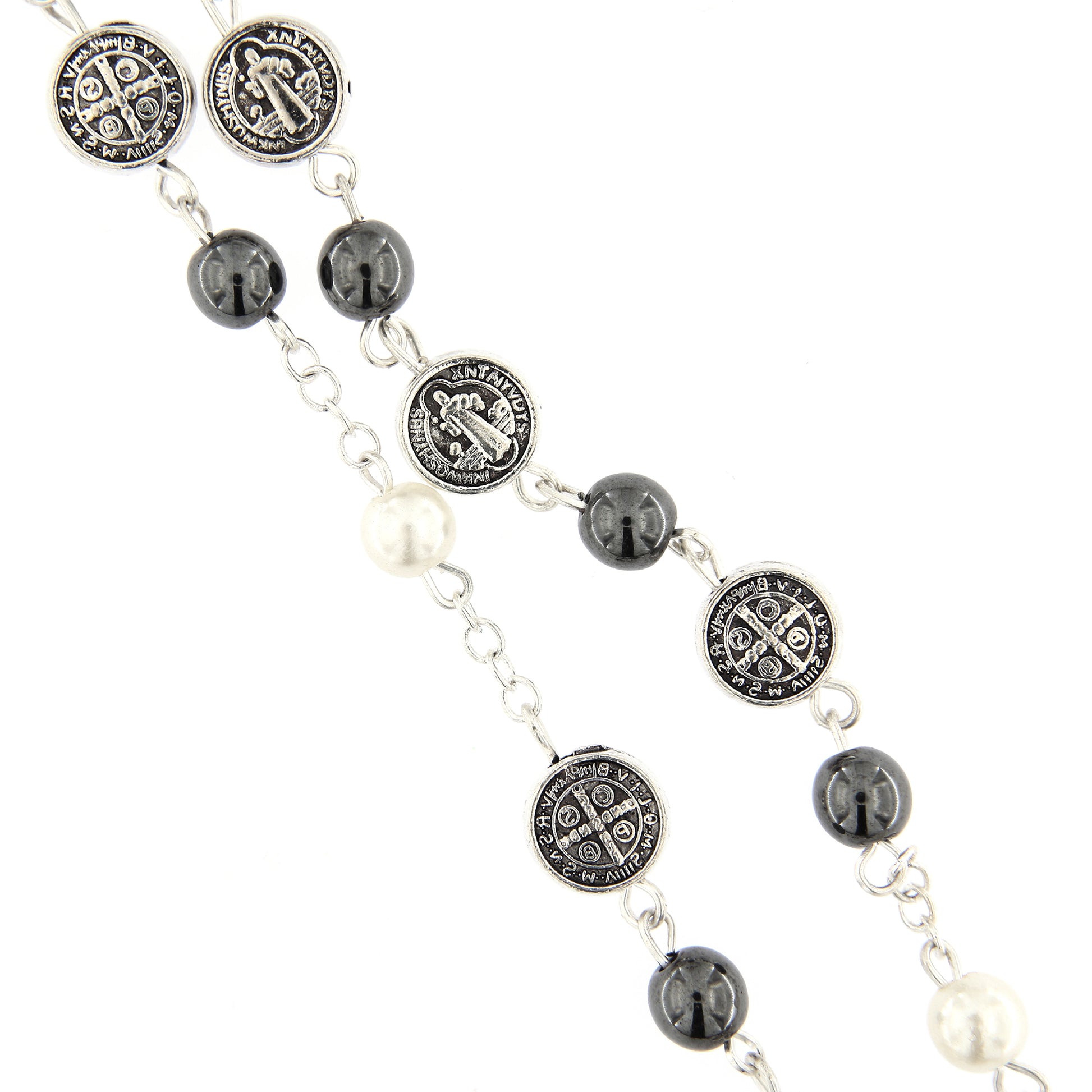 Corona san Benedetto con grani in ematite 6 mm e medaglie