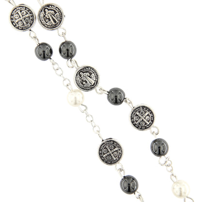 Corona san Benedetto con grani in ematite 6 mm e medaglie
