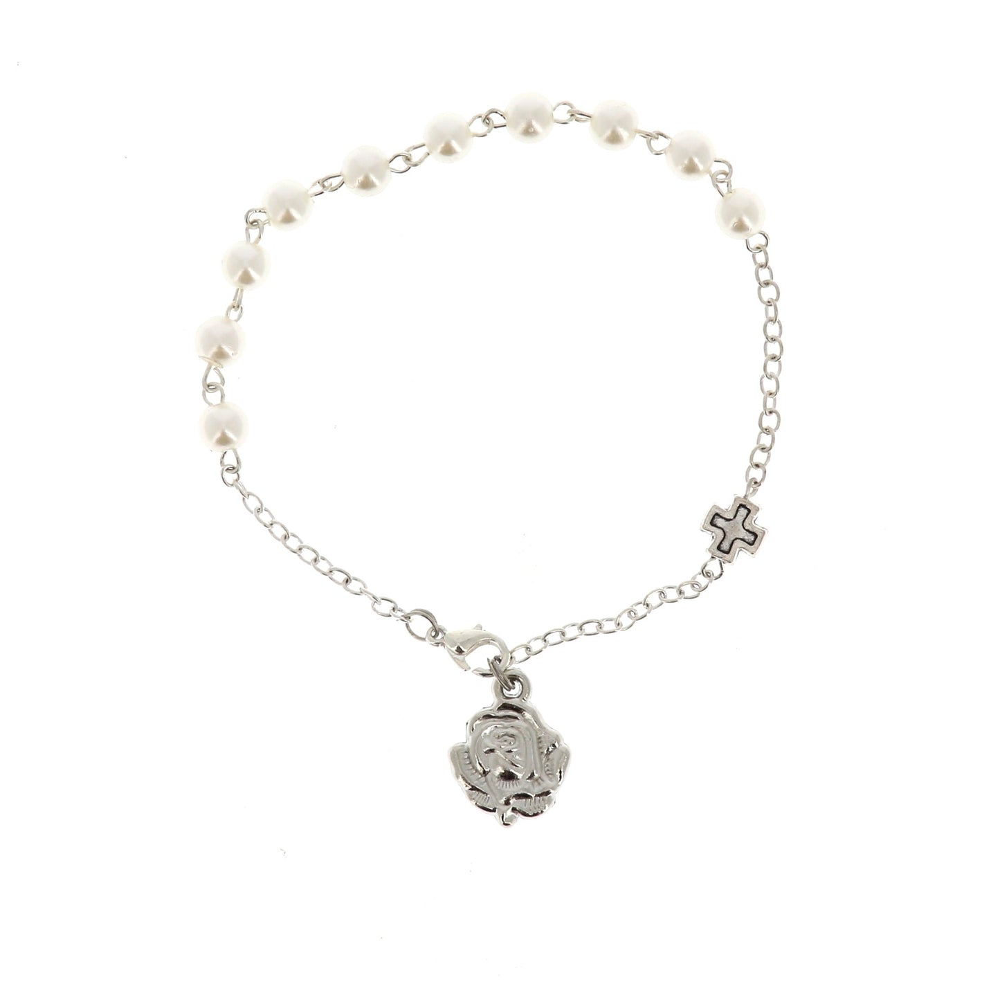 Bracciale decina con grani in plastica perlata bianca