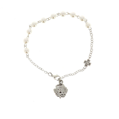 Bracciale decina con grani in plastica perlata bianca