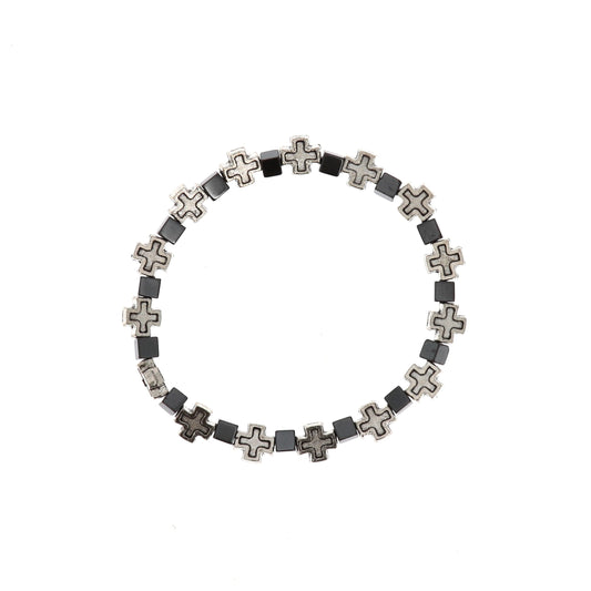 Bracciale elastico in pietra dura Ematite e crocette in metallo