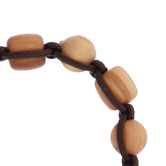 Bracciale decina in corda, grani in legno d'olivo 8 mm