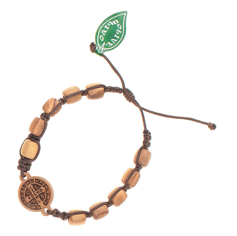 Bracciale decina san Benedetto in corda, grani in legno d'olivo 8 mm