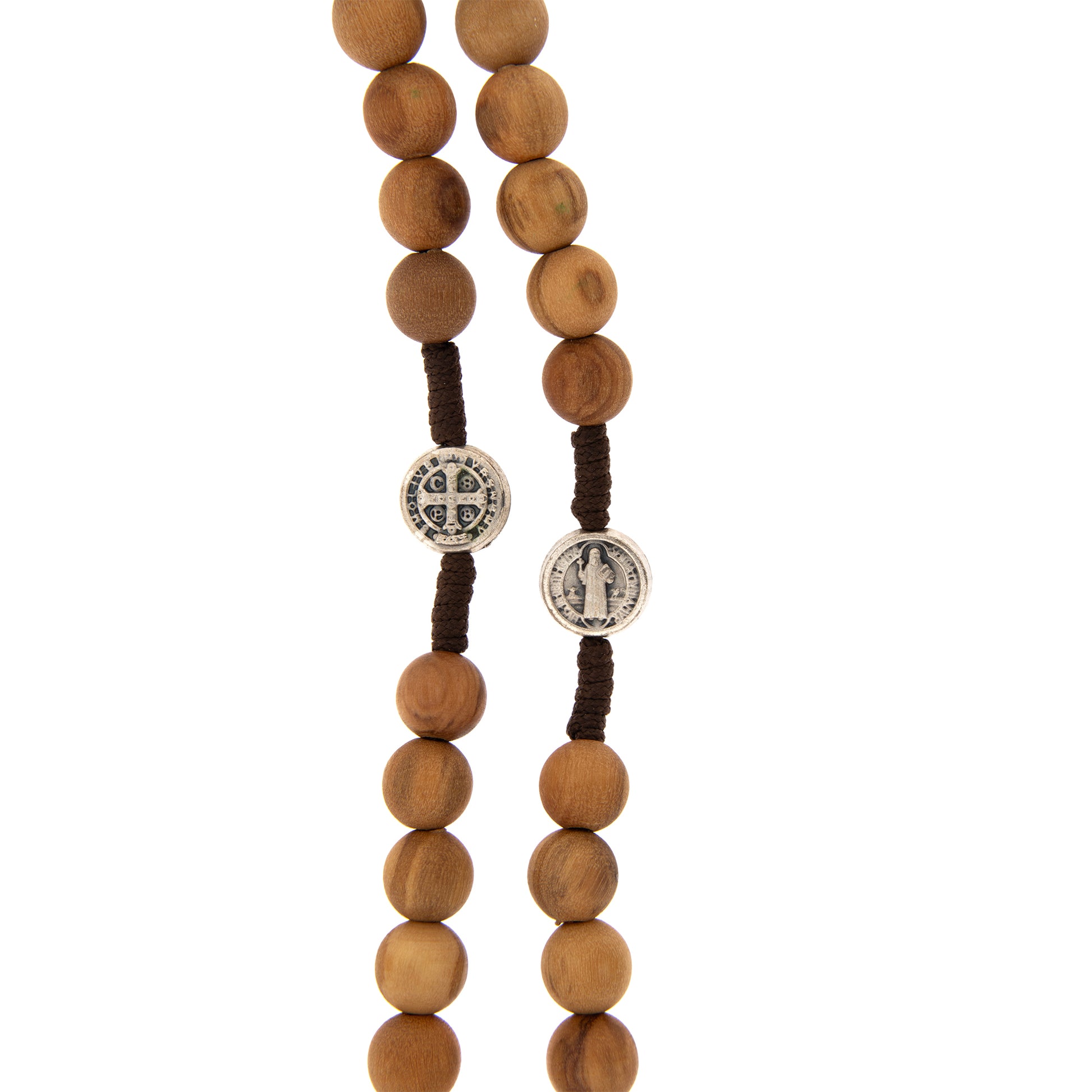 Corona indossabile San Benedetto in corda e grani legno d'ulivo 7 mm