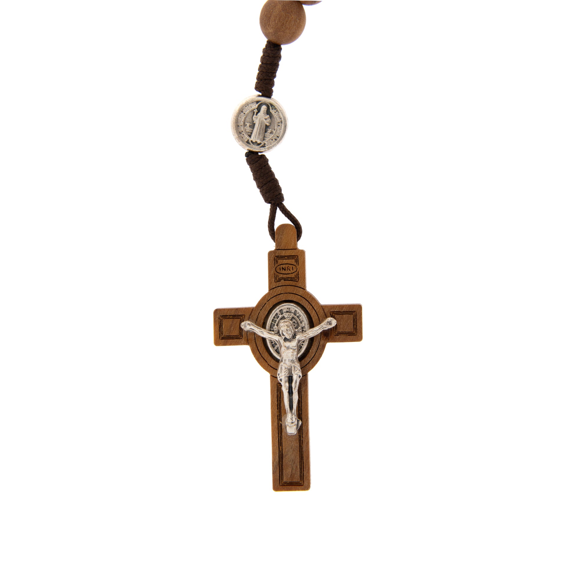 Corona indossabile San Benedetto in corda e grani legno d'ulivo 7 mm