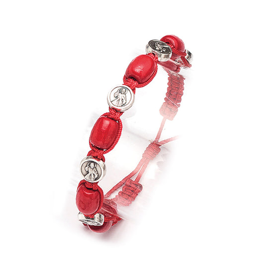 Bracciale decina Divina Misericordia in corda e grani legno rosso 11 mm
