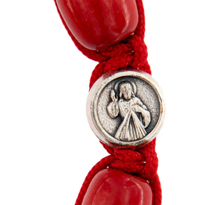 Bracciale decina Divina Misericordia in corda e grani legno rosso 11 mm