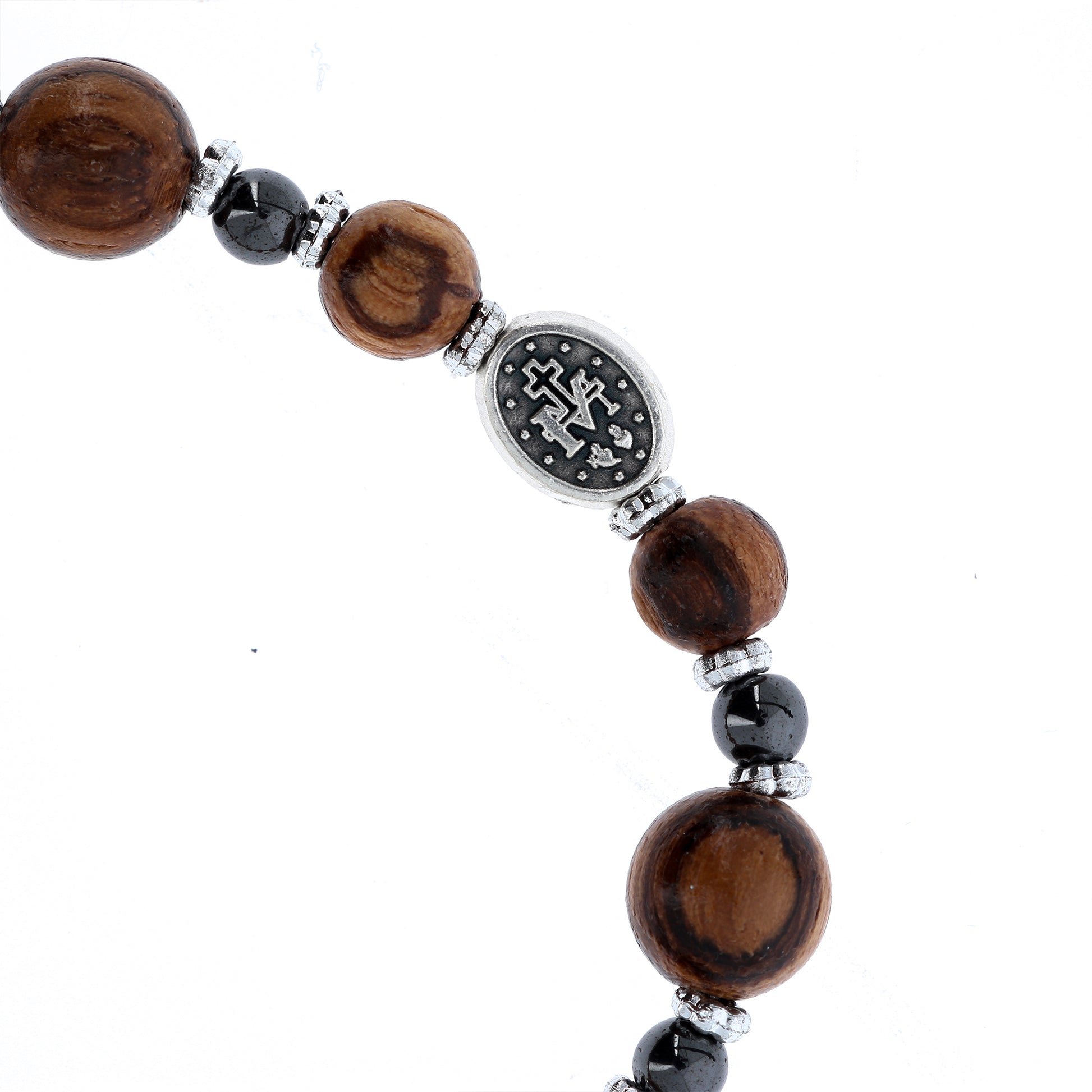 Bracciale decina elastico, grani in legno e pietra ematite