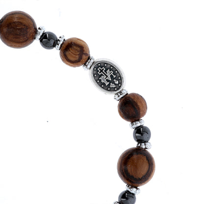 Bracciale decina elastico, grani in legno e pietra ematite