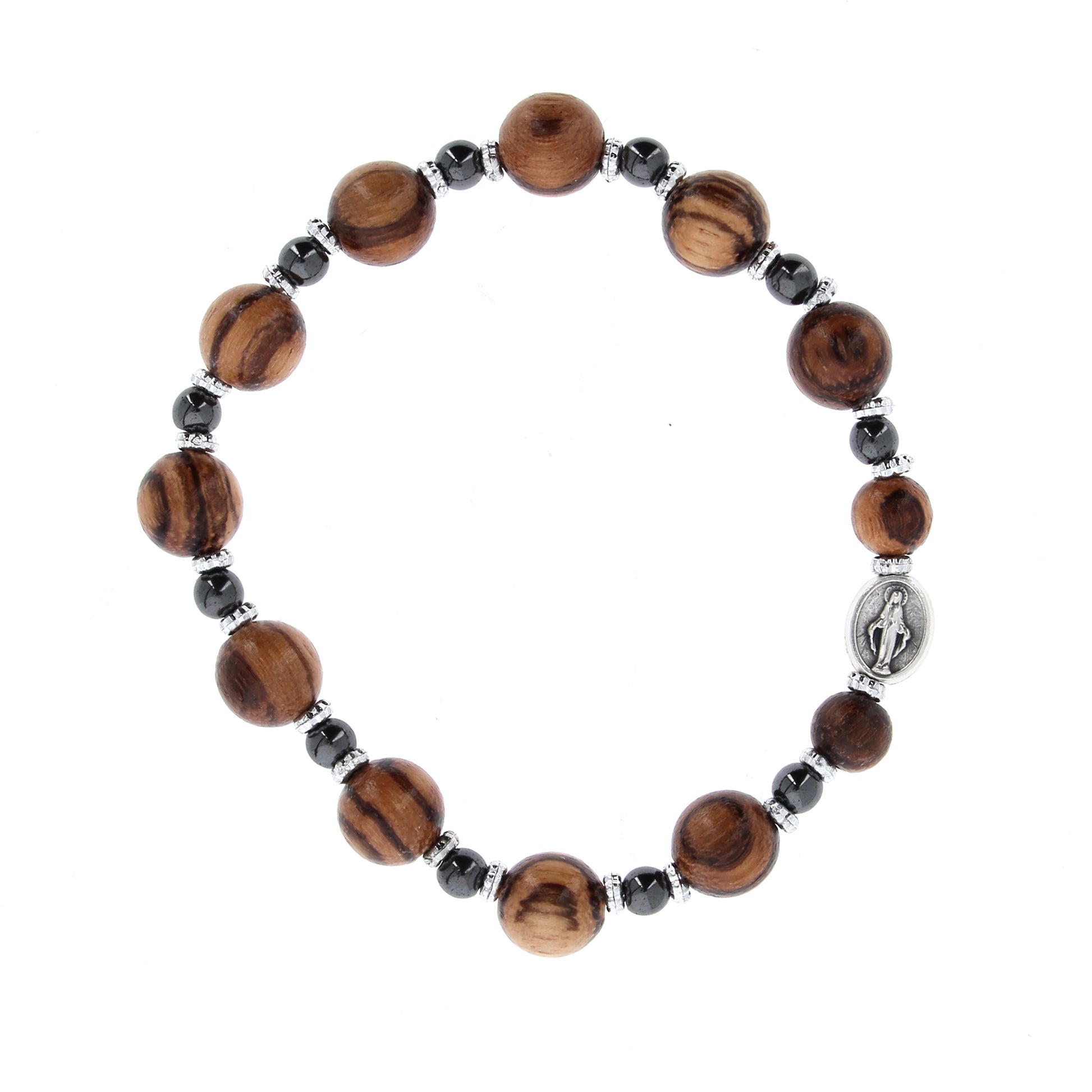 Bracciale decina elastico, grani in legno e pietra ematite