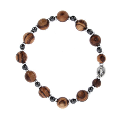Bracciale decina elastico, grani in legno e pietra ematite