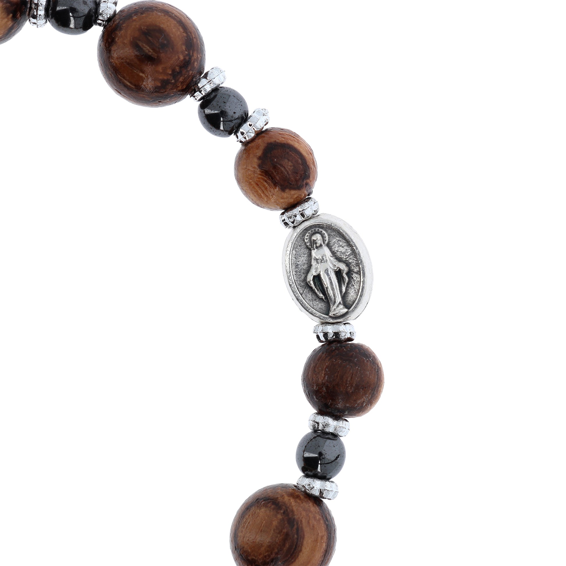 Bracciale decina elastico, grani in legno e pietra ematite